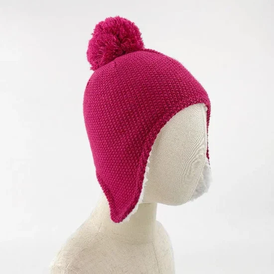 Bambini Ragazza Bambini Caldo Morbido Slouchy Pompon Rosso Lavorato a Maglia Design Sherpa Fodera in Pile Cofano Casual Beanie Cappello Paraorecchie