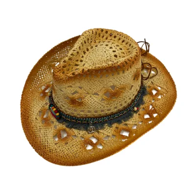 2023 Cappelli da cowboy arrotolati rigidi in paglia occidentale traspirante scavati da donna e da uomo con gemme