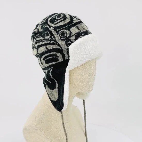 Uomo Caldo Morbido Slouchy Bianco Nero Design Jacquard Sherpa Fodera in Pile Cofano Casual Beanie Cappello Paraorecchie